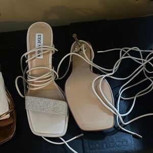 Steve Madden Cream Lace-Up Rhinestone Strap Heeled Sandals